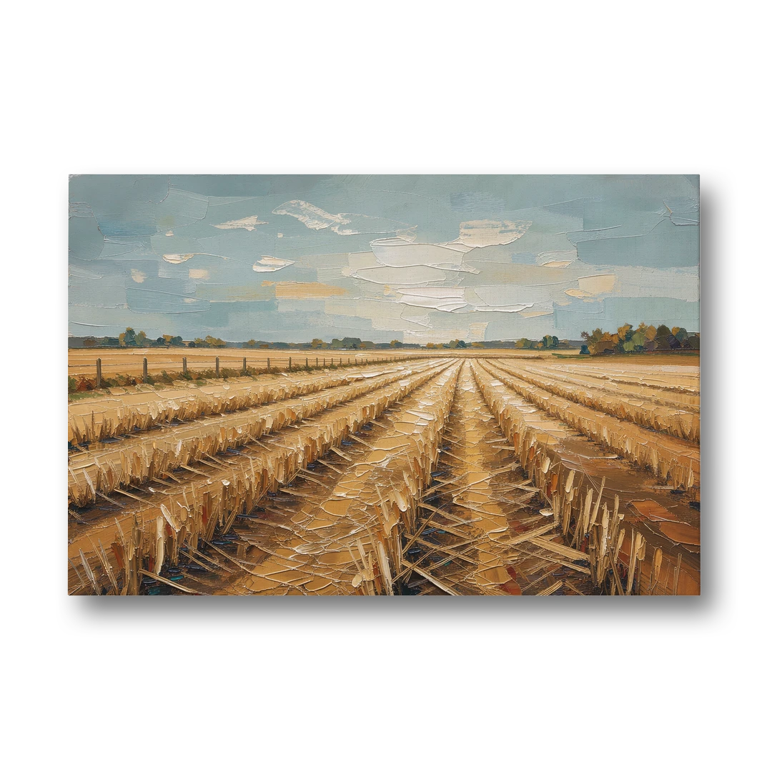 Harvested Stubble Field Rows Under a Pale Sky - Canvas Wall Art - Front