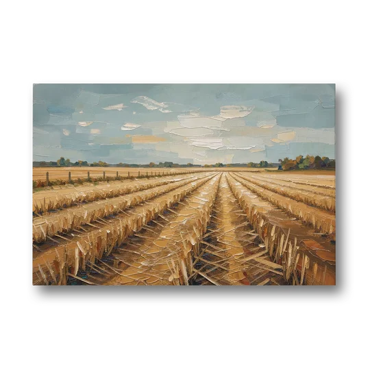 Harvested Stubble Field Rows Under a Pale Sky - Canvas Wall Art - Front