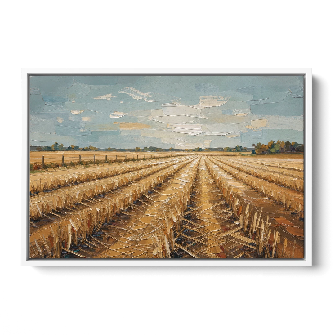 Harvested Stubble Field Rows Under a Pale Sky - White Framed Canvas Wall Art - Front