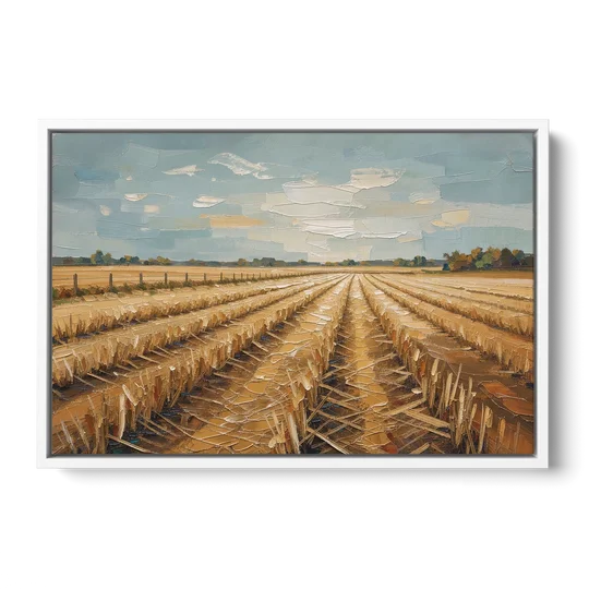 Harvested Stubble Field Rows Under a Pale Sky - White Framed Canvas Wall Art - Front
