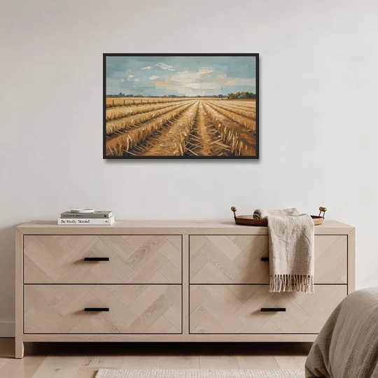 Harvested Stubble Field Rows Under a Pale Sky - Black Framed Canvas Wall Art - Coffee Table - 36x24