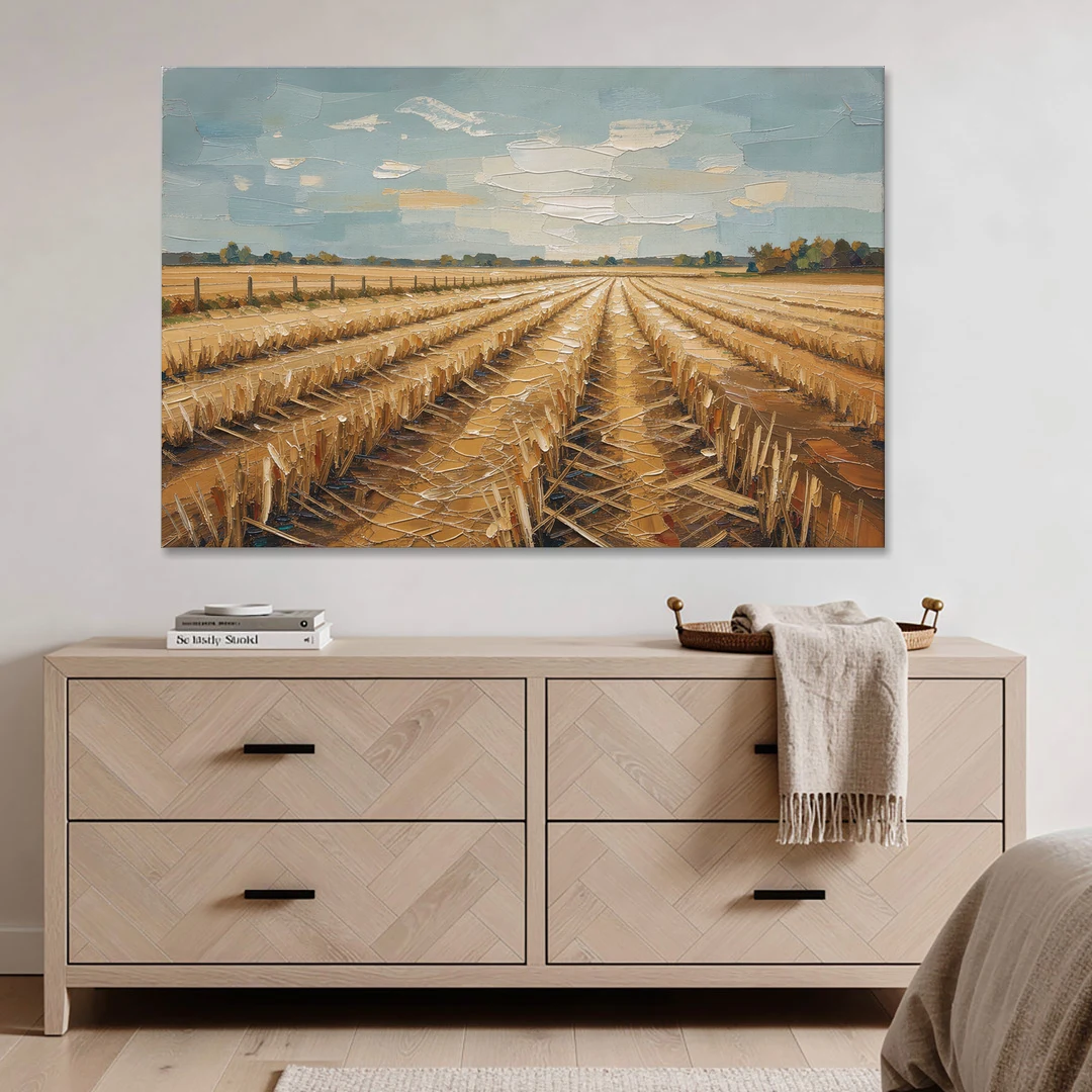 Harvested Stubble Field Rows Under a Pale Sky - Canvas Wall Art - Coffee Table - 60x40