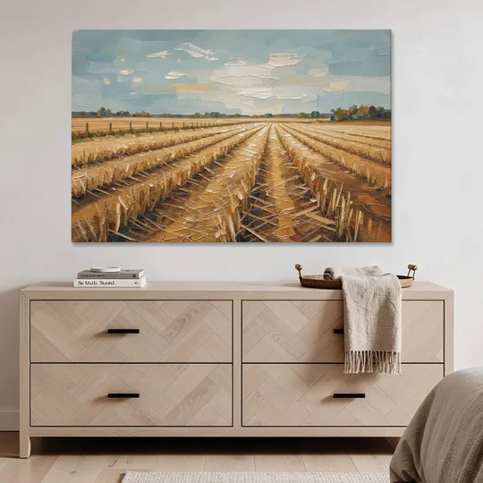 Harvested Stubble Field Rows Under a Pale Sky - Canvas Wall Art - Coffee Table - 60x40