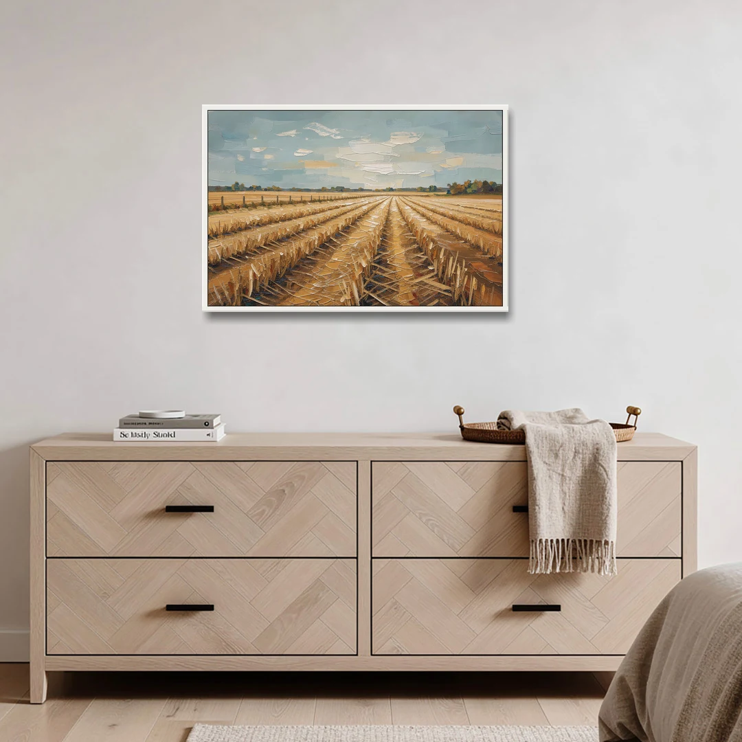 Harvested Stubble Field Rows Under a Pale Sky - White Framed Canvas Wall Art - Coffee Table - 36x24