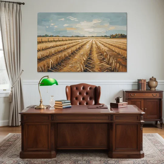 Harvested Stubble Field Rows Under a Pale Sky - Canvas Wall Art - Office - 60x40