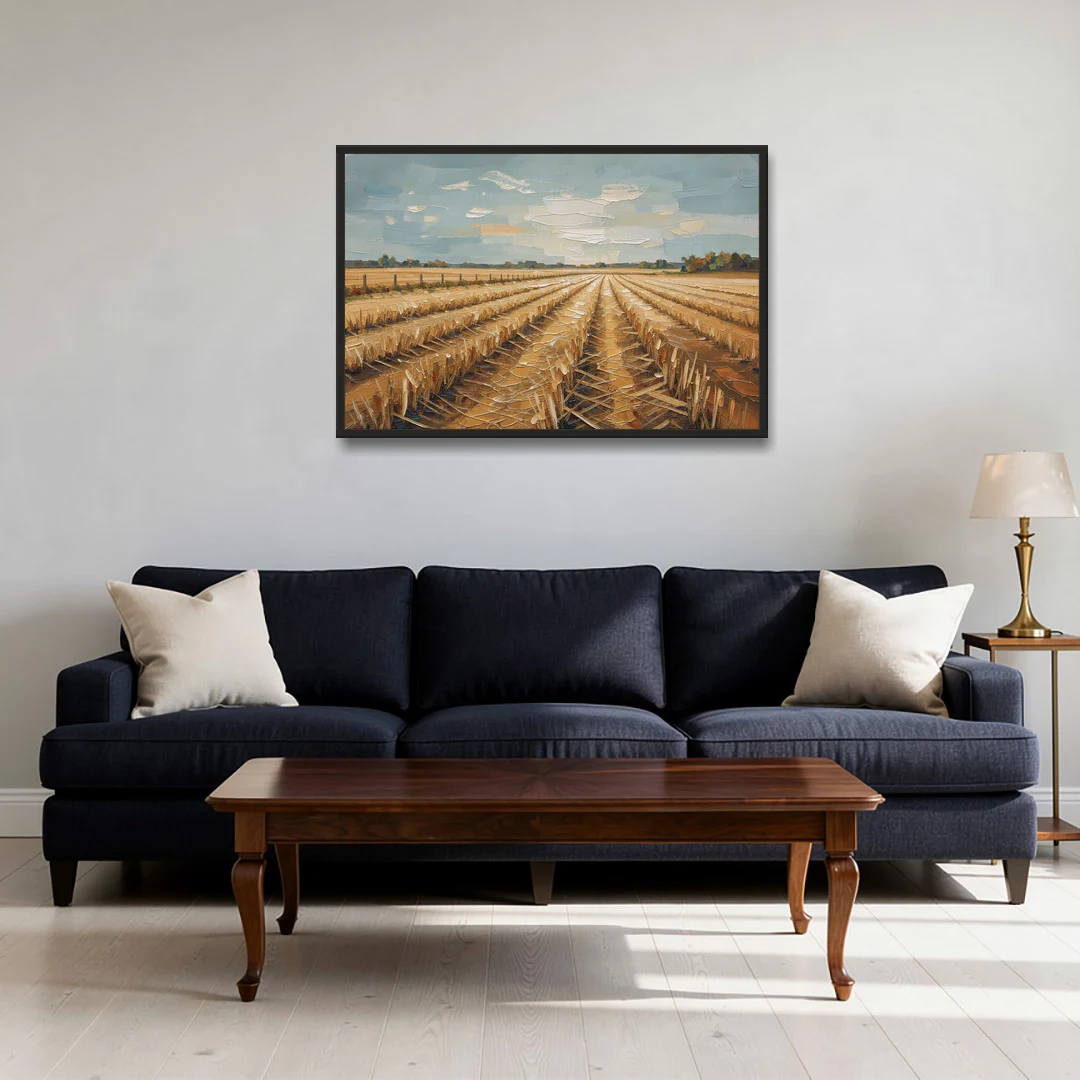 Harvested Stubble Field Rows Under a Pale Sky - Black Framed Canvas Wall Art - Sofa - 36x24
