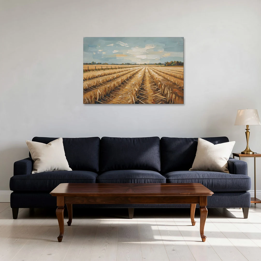 Harvested Stubble Field Rows Under a Pale Sky - Canvas Wall Art - Sofa - 36x24