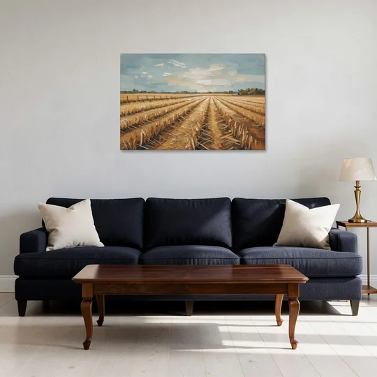 Harvested Stubble Field Rows Under a Pale Sky - Canvas Wall Art - Sofa - 36x24