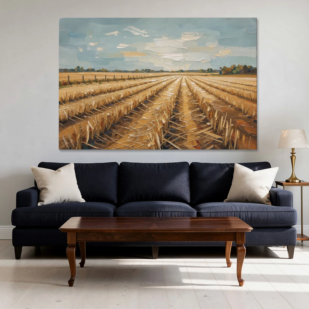 Harvested Stubble Field Rows Under a Pale Sky - Canvas Wall Art - Sofa - 60x40
