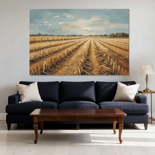 Harvested Stubble Field Rows Under a Pale Sky - Canvas Wall Art - Sofa - 60x40
