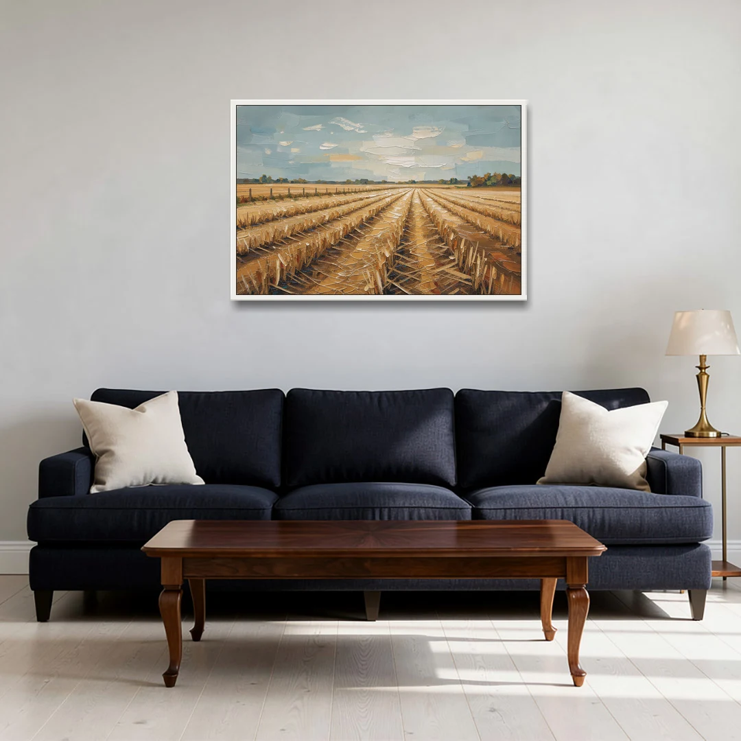 Harvested Stubble Field Rows Under a Pale Sky - White Framed Canvas Wall Art - Sofa - 36x24