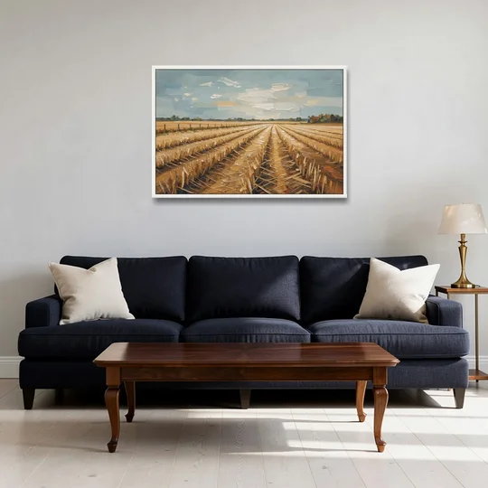 Harvested Stubble Field Rows Under a Pale Sky - White Framed Canvas Wall Art - Sofa - 36x24
