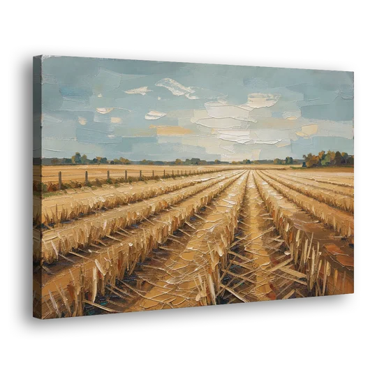 Harvested Stubble Field Rows Under a Pale Sky - Canvas Wall Art - Side