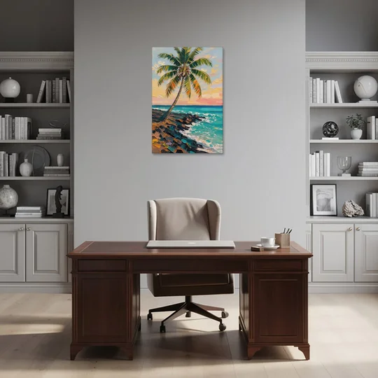 Hawaiian Wall Art Leaning Palm on Lava Rock - Canvas Wall Art - Office - 24x36