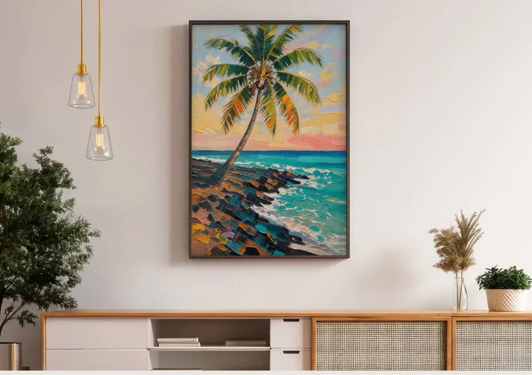 Hawaiian Wall Art Leaning Palm on Lava Rock canvas wall art above a wooden sideboard under pendant lights