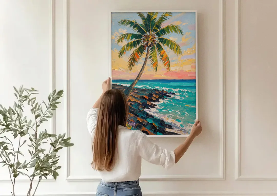Hawaiian Wall Art Leaning Palm on Lava Rock canvas wall art being hung on a paneled wall