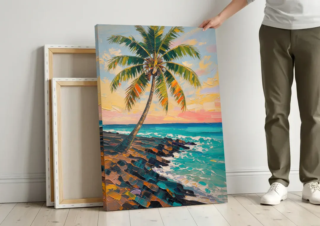 Hawaiian Wall Art Leaning Palm on Lava Rock canvas wall art leaning against a wall next to blank canvases