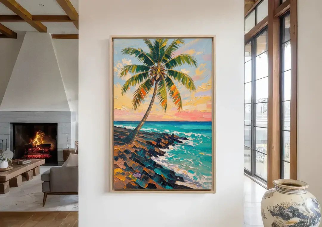 Hawaiian Wall Art Leaning Palm on Lava Rock canvas wall art in a living room with a fireplace