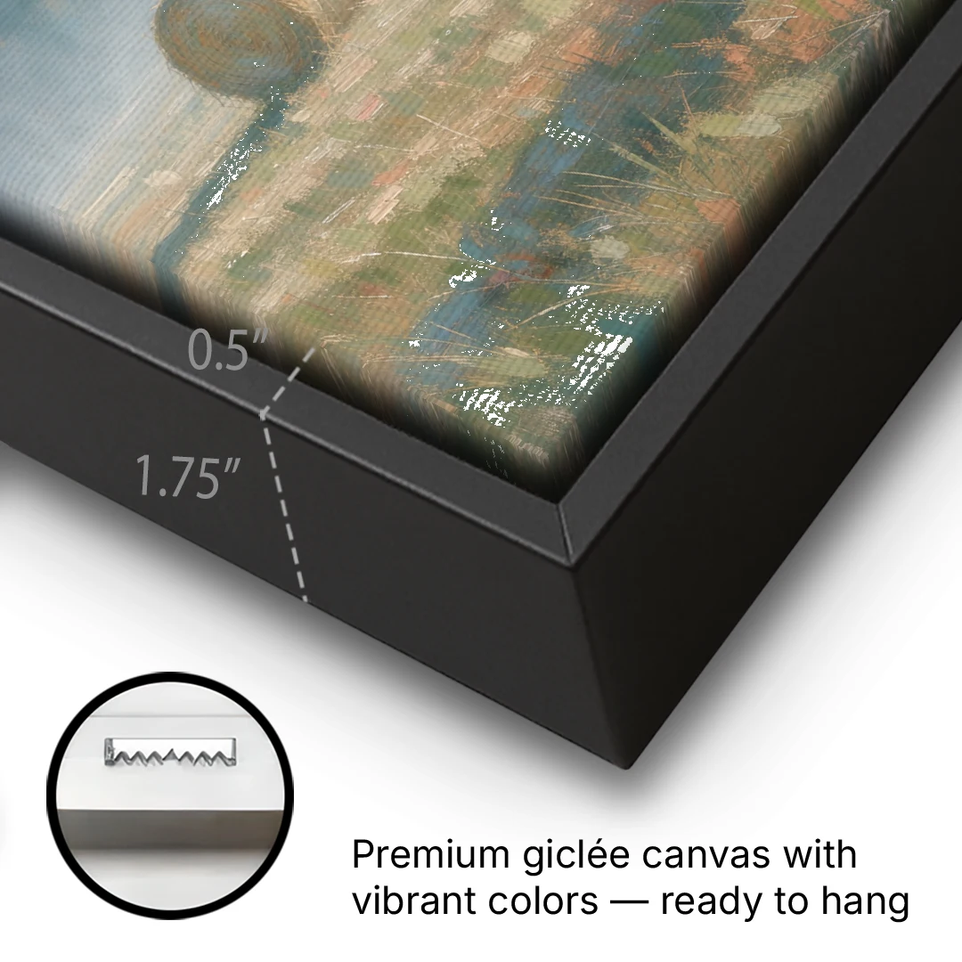 Hay Bales Painting at First Peach Light - Black Framed Canvas Wall Art - Gallery Wrap Corner