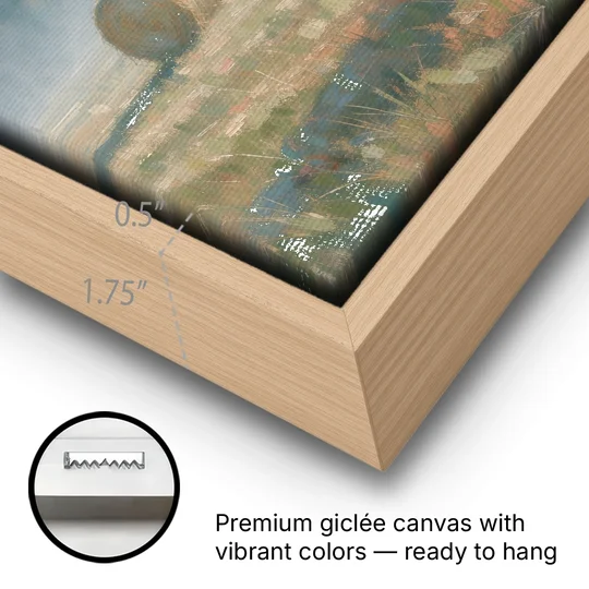 Hay Bales Painting at First Peach Light - Oak Framed Canvas Wall Art - Gallery Wrap Corner