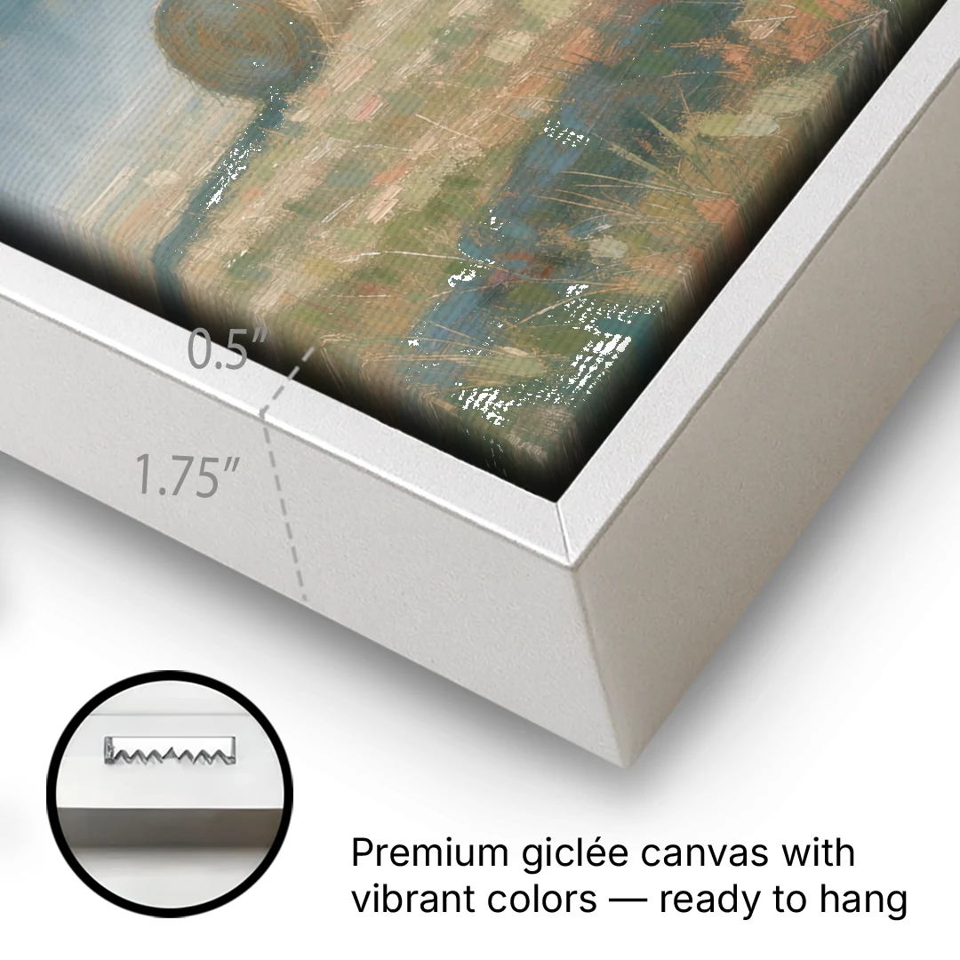 Hay Bales Painting at First Peach Light - White Framed Canvas Wall Art - Gallery Wrap Corner