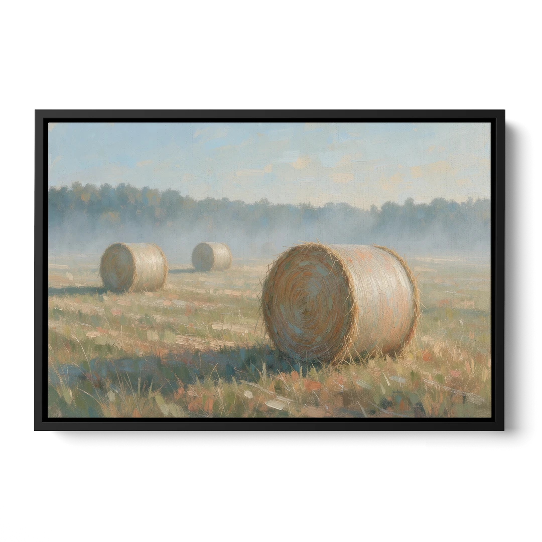 Hay Bales Painting at First Peach Light - Black Framed Canvas Wall Art - Front