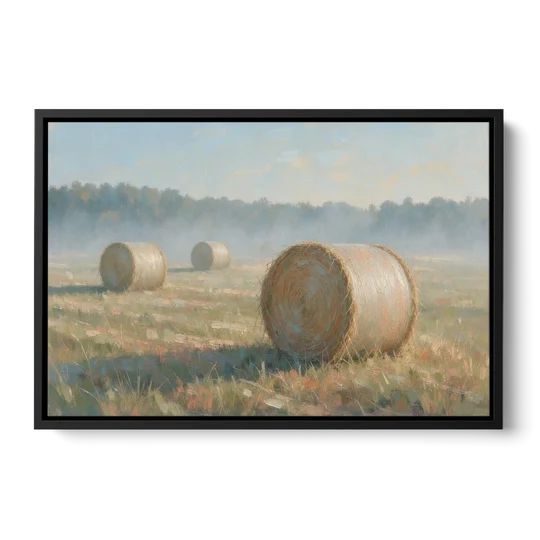 Hay Bales Painting at First Peach Light - Black Framed Canvas Wall Art - Front