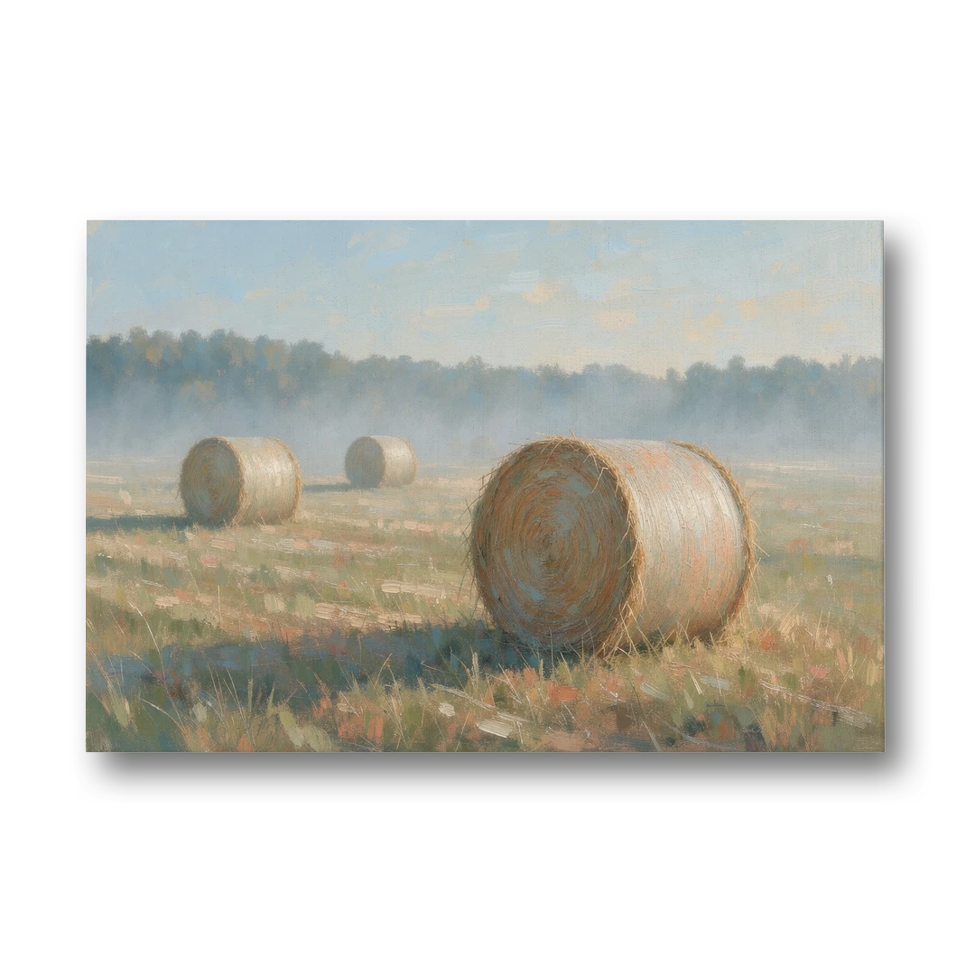 Hay Bales Painting at First Peach Light - Canvas Wall Art - Front
