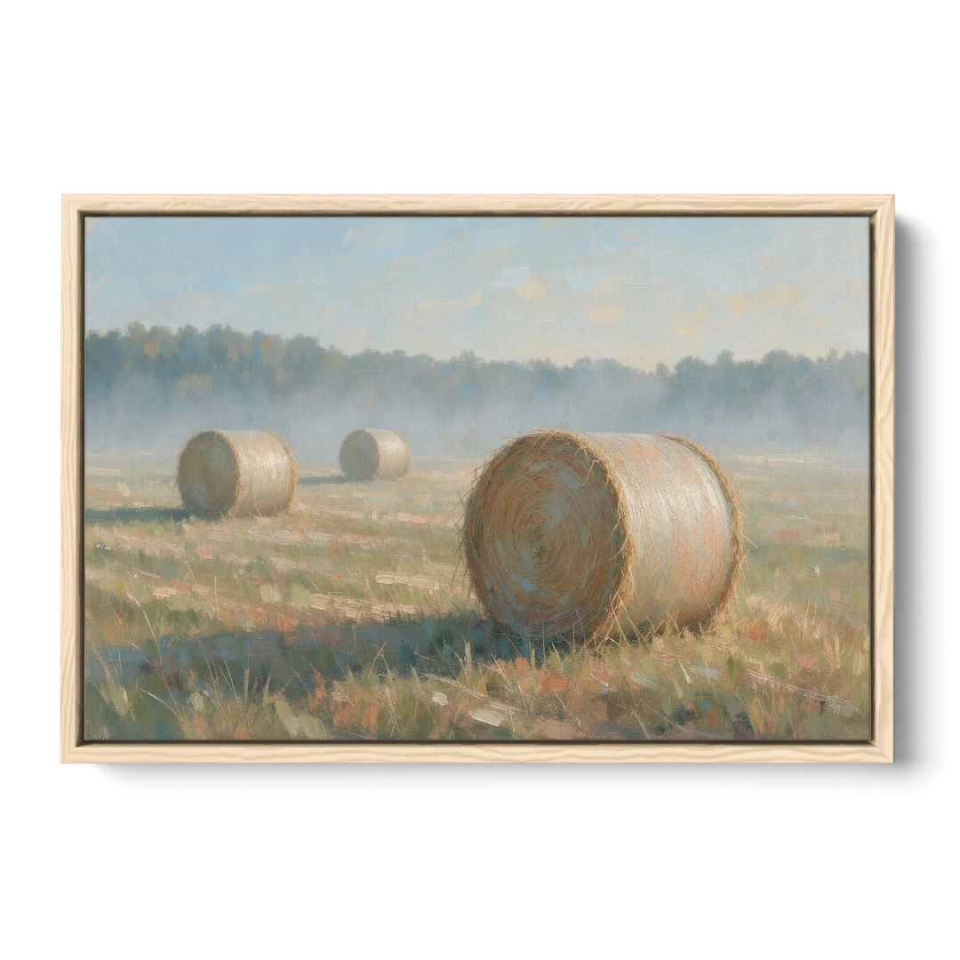 Hay Bales Painting at First Peach Light - Oak Framed Canvas Wall Art - Front