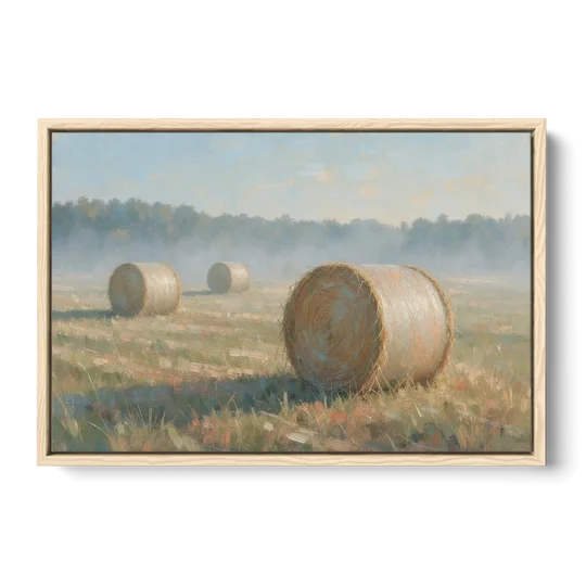 Hay Bales Painting at First Peach Light - Oak Framed Canvas Wall Art - Front