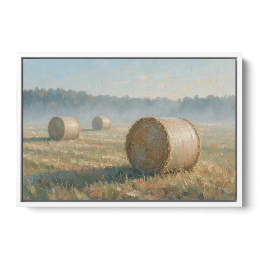 Hay Bales Painting at First Peach Light - White Framed Canvas Wall Art - Front