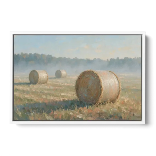 Hay Bales Painting at First Peach Light - White Framed Canvas Wall Art - Front