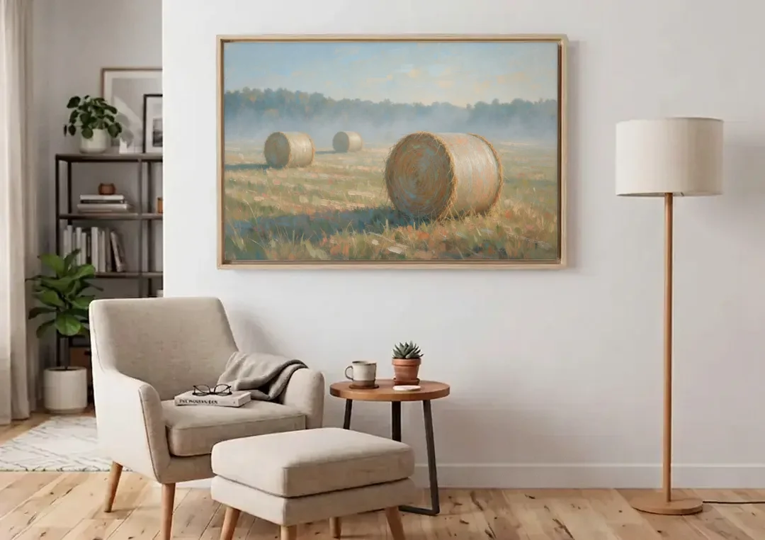 Hay Bales Painting at First Peach Light canvas wall art above an armchair in a bright living room