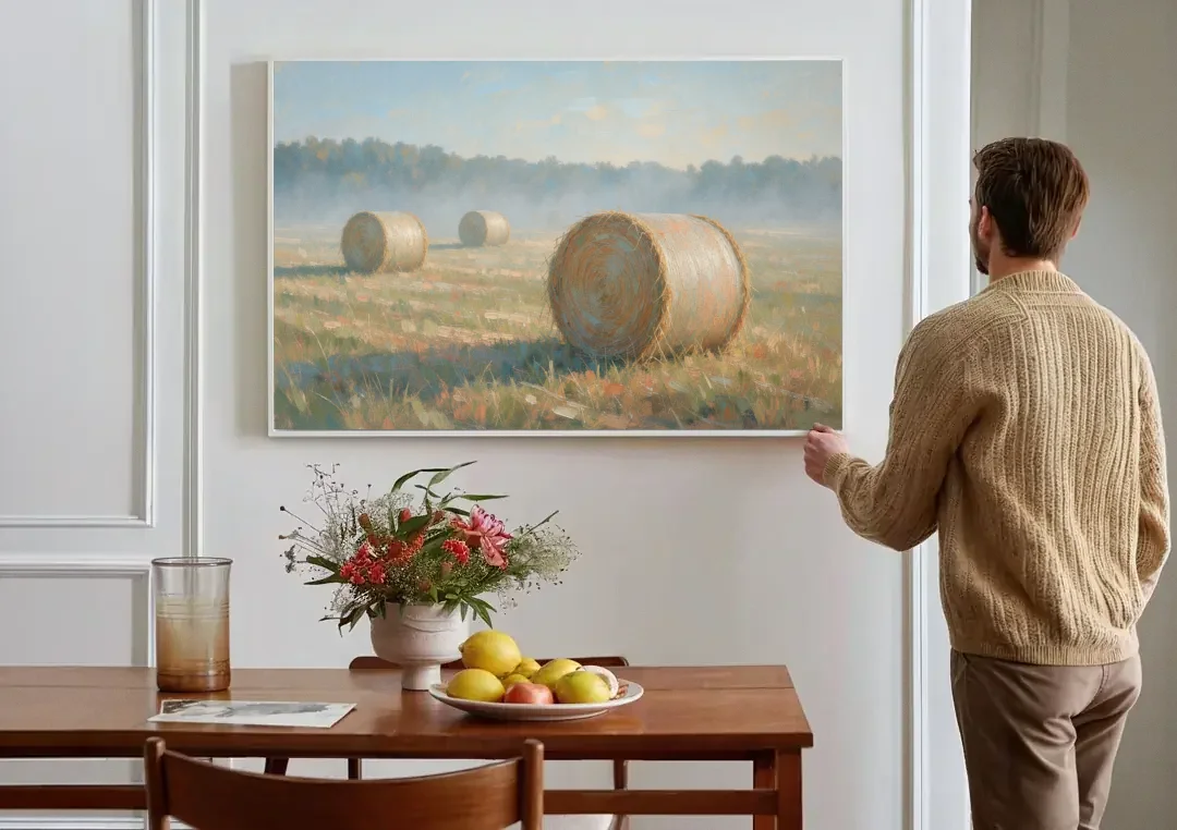 Hay Bales Painting at First Peach Light canvas wall art above a dining table