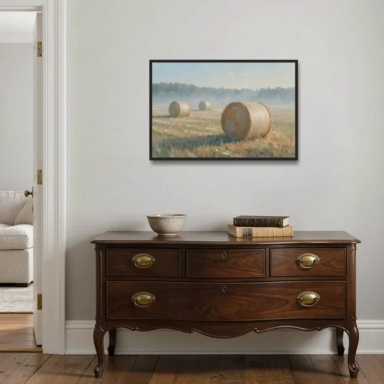 Hay Bales Painting at First Peach Light - Black Framed Canvas Wall Art - Coffee Table - 36x24