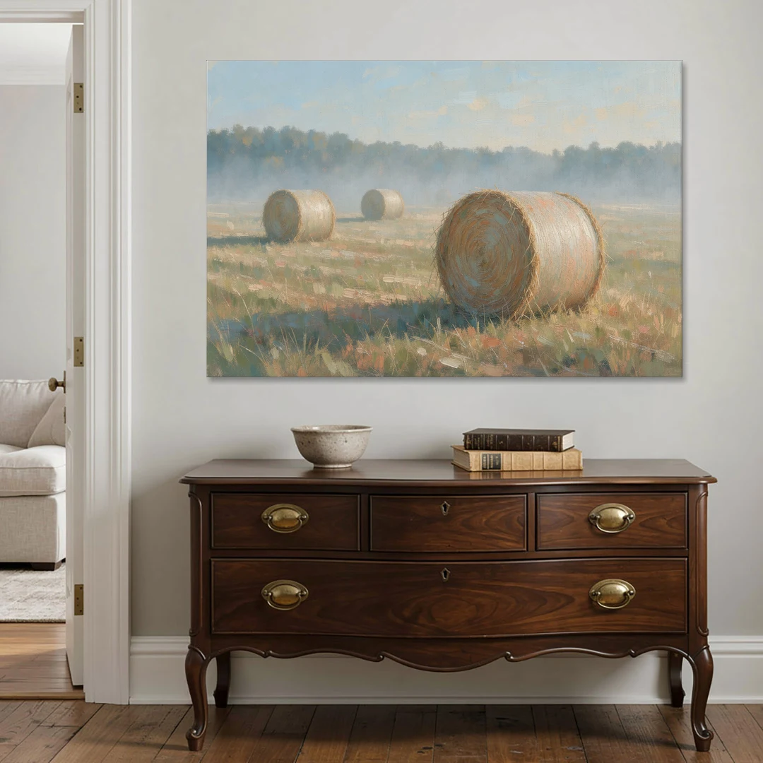 Hay Bales Painting at First Peach Light - Canvas Wall Art - Coffee Table - 60x40