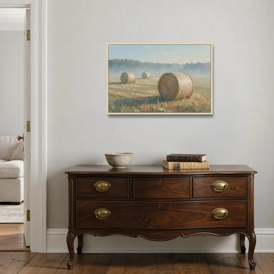 Hay Bales Painting at First Peach Light - Oak Framed Canvas Wall Art - Coffee Table - 36x24