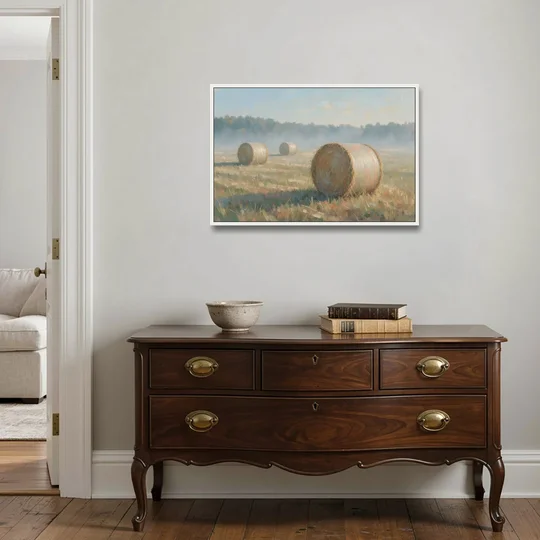 Hay Bales Painting at First Peach Light - White Framed Canvas Wall Art - Coffee Table - 36x24