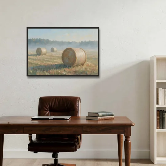 Hay Bales Painting at First Peach Light - Black Framed Canvas Wall Art - Office - 36x24