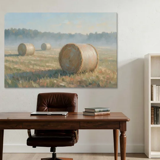 Hay Bales Painting at First Peach Light - Canvas Wall Art - Office - 60x40