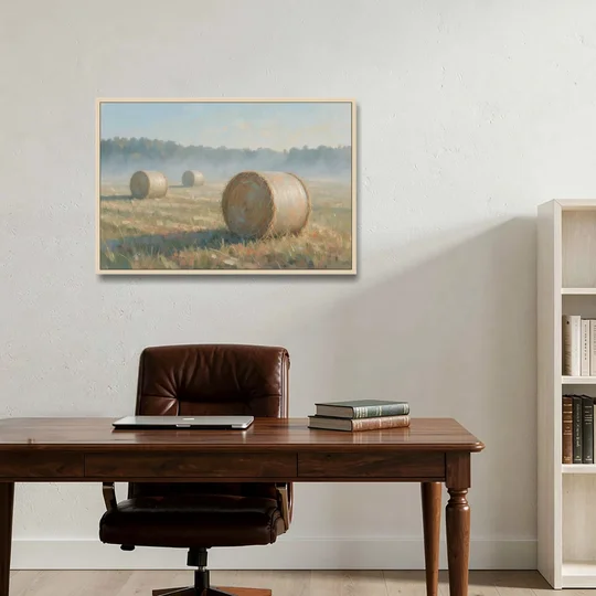 Hay Bales Painting at First Peach Light - Oak Framed Canvas Wall Art - Office - 36x24