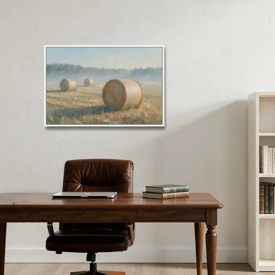 Hay Bales Painting at First Peach Light - White Framed Canvas Wall Art - Office - 36x24