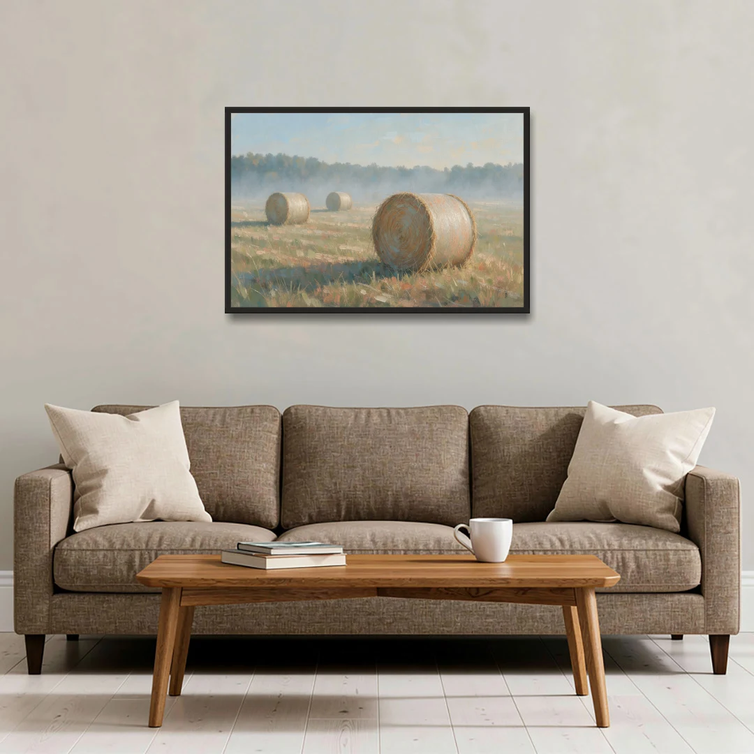 Hay Bales Painting at First Peach Light - Black Framed Canvas Wall Art - Sofa - 36x24