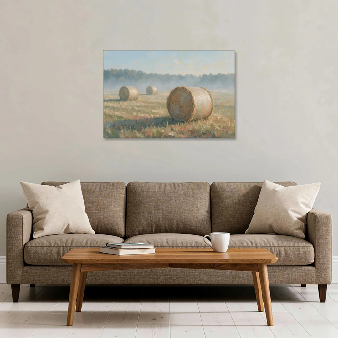 Hay Bales Painting at First Peach Light - Canvas Wall Art - Sofa - 36x24