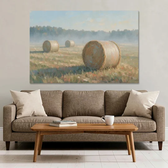 Hay Bales Painting at First Peach Light - Canvas Wall Art - Sofa - 60x40