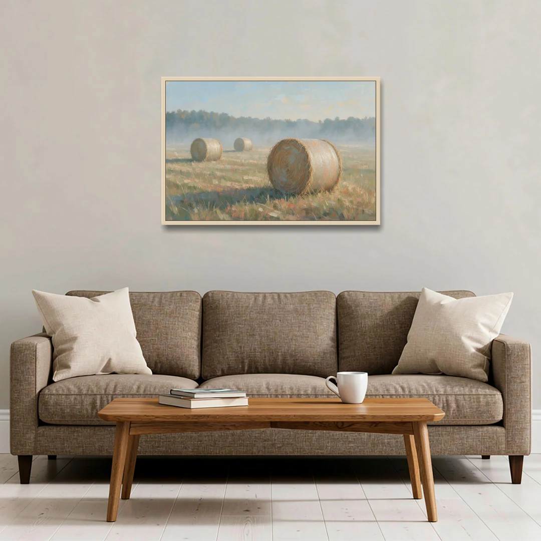 Hay Bales Painting at First Peach Light - Oak Framed Canvas Wall Art - Sofa - 36x24