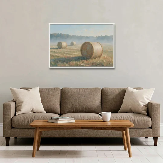 Hay Bales Painting at First Peach Light - White Framed Canvas Wall Art - Sofa - 36x24