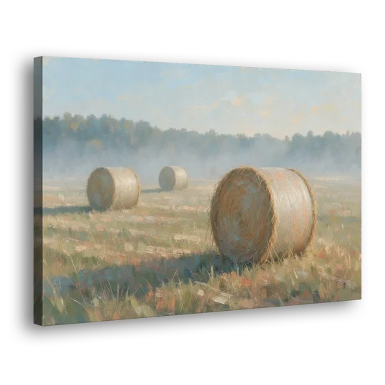 Hay Bales Painting at First Peach Light - Canvas Wall Art - Side