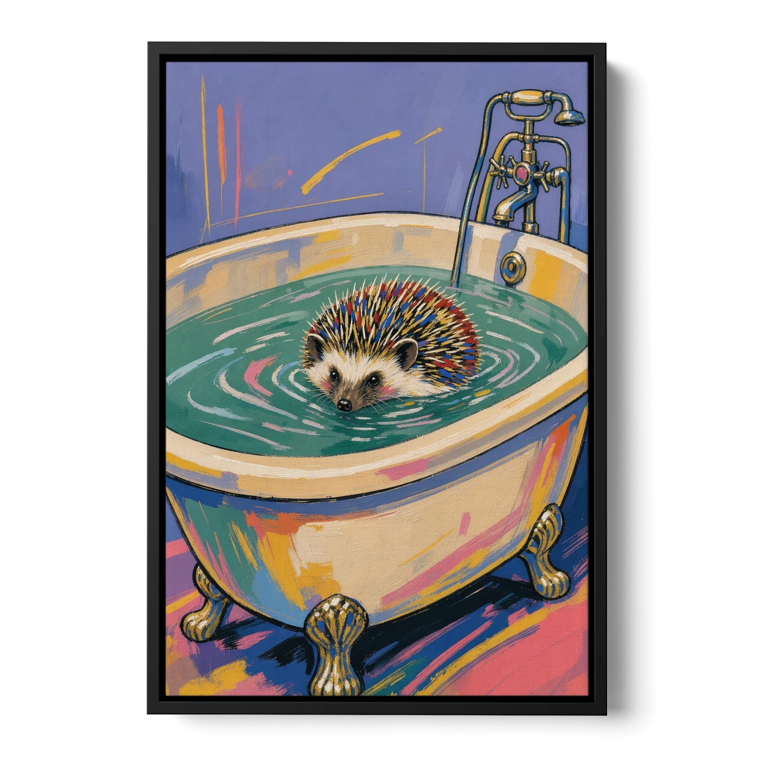 Hedgehog Paddling Across the Clawfoot Tub - Black Framed Canvas Wall Art - Front
