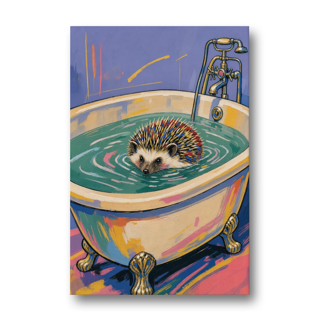 Hedgehog Paddling Across the Clawfoot Tub - Canvas Wall Art - Front
